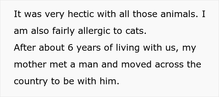 Text about being allergic to cats and living with them before mom moved away.
