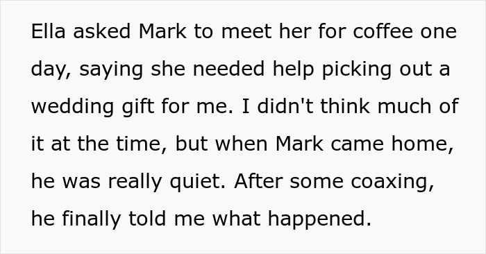 Text screenshot about a woman urging a sister&rsquo;s fianc&eacute; to reconsider their engagement.