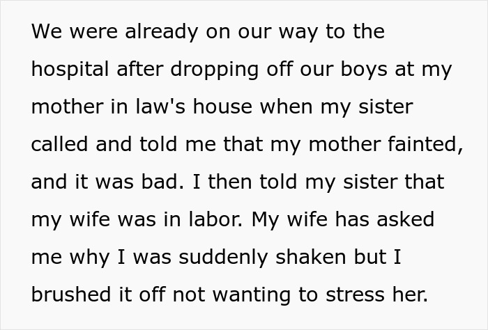 Text description about husband's reaction during wife's labor amid family emergency.