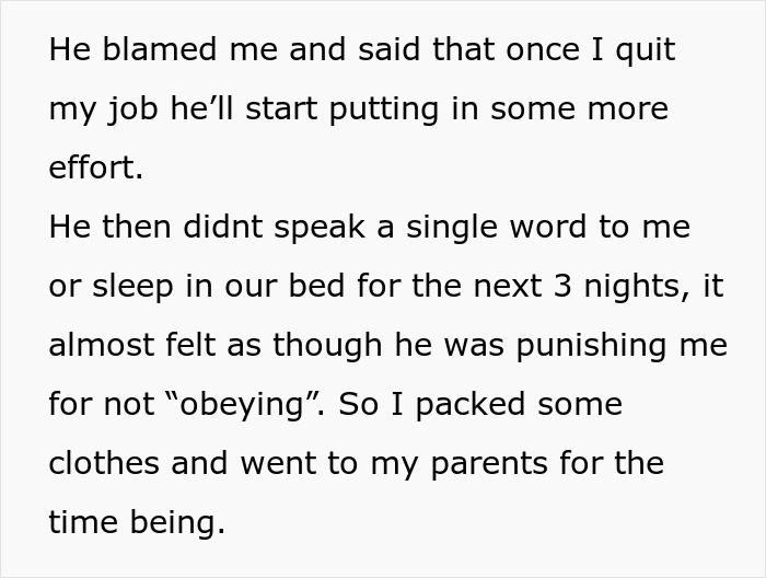 Text discussing a marital conflict related to quitting a job, and the emotional aftermath. Text discussing a marital conflict related to quitting a job, and the emotional aftermath.