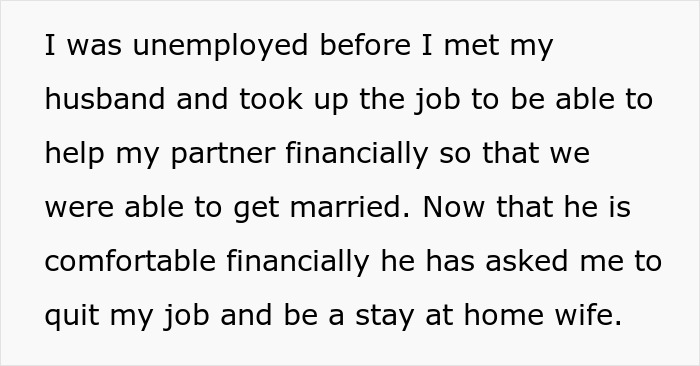 Text discussing a husband wanting a divorce if his spouse does not quit her job to become a stay-at-home wife. Text discussing a husband wanting a divorce if his spouse does not quit her job to become a stay-at-home wife.