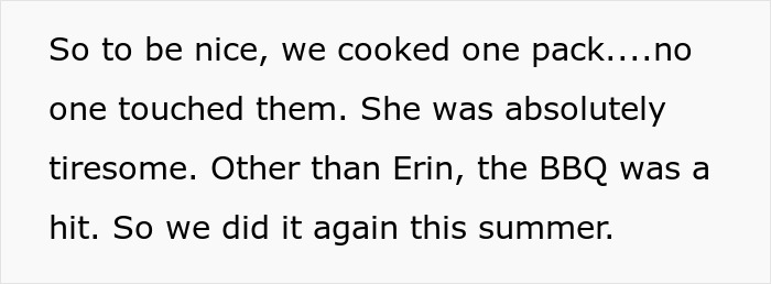 Text discussing a vegan SIL not enjoying a family BBQ and the host preparing a special dish that was untouched. Text discussing a vegan SIL not enjoying a family BBQ and the host preparing a special dish that was untouched.