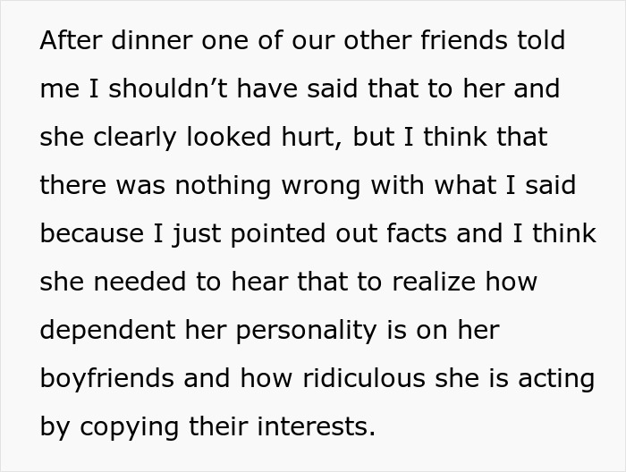 Text recounting advice given to a woman who copies her boyfriends' hobbies.