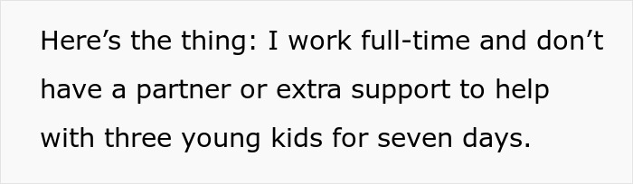Text image discussing full-time work and lack of support for babysitting nephews for a week.