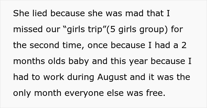 Text about a woman's lie to sabotage a friend's marriage, mentioning missed girls' trips due to a baby and work commitments. Text about a woman's lie to sabotage a friend's marriage, mentioning missed girls' trips due to a baby and work commitments.