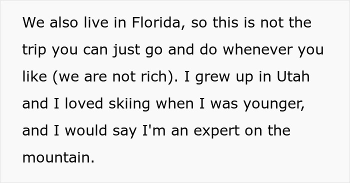 Text describing a person from Florida, discussing skiing expertise from growing up in Utah.