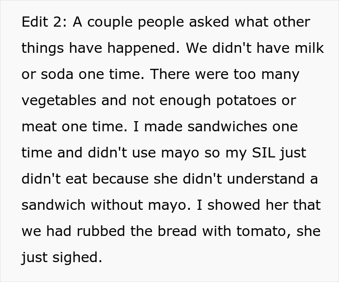 Text discussing inlaws' reactions to meals, sauce preferences, and children not eating sandwiches without mayo.