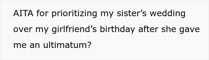 Text questioning relationship priorities after girlfriend's ultimatum about attending her birthday party.