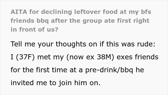 Text about a group of friends eating first at a BBQ, leaving only leftovers for the guests.
