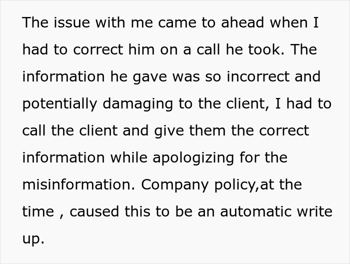 Text of a worker explaining a situation where they corrected misinformation, highlighting HR and company policy issues. Text of a worker explaining a situation where they corrected misinformation, highlighting HR and company policy issues.