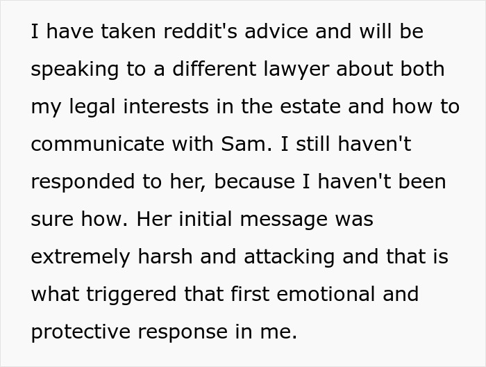 Text discussing advice from Reddit about legal interests in an inheritance estate and communication challenges.
