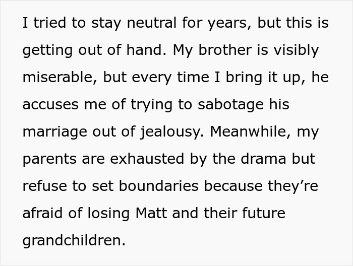 Text about family drama and relationships, highlighting sibling marriage tension.