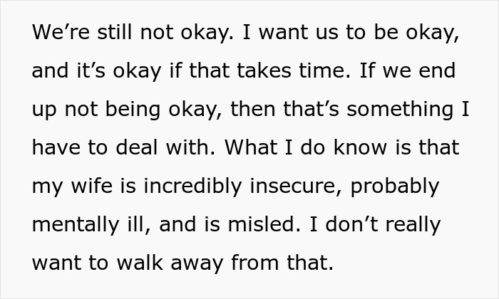 Text from a husband's perspective discussing his wife's insecurity and mental struggles.