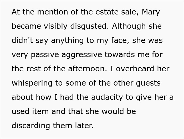 Text discussing a rich lady's reaction to a used birthday gift from an estate sale.