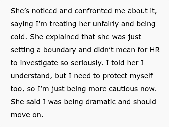 Text image discussing a coworker's confrontation about perceived unfair treatment and HR involvement.