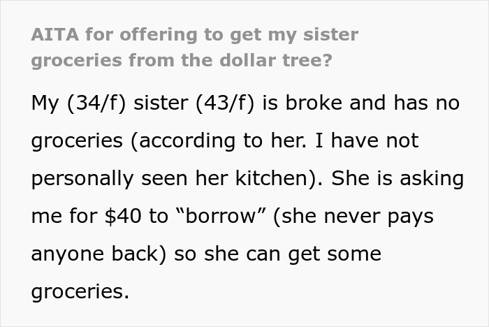 Text discussing an offer to buy groceries for a sister who is struggling financially.