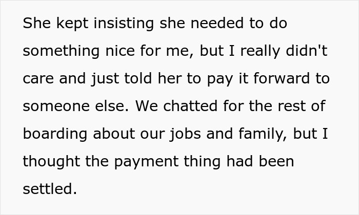 Text excerpt discussing an elderly woman's insistence on paying for a seat switch. Text excerpt discussing an elderly woman's insistence on paying for a seat switch.