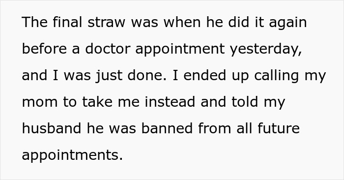 Text expressing frustration over husband's behavior at pregnancy appointment.