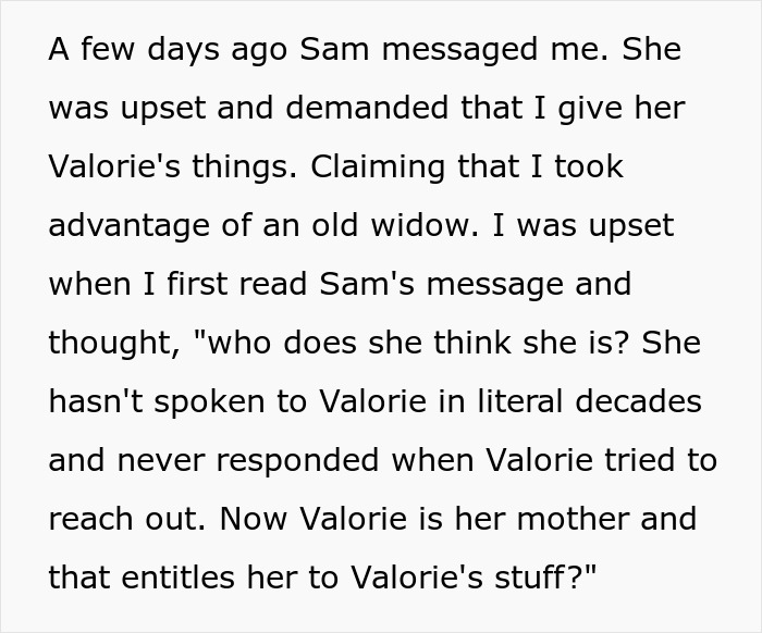 Text discussing inheritance issues with a friend's daughter demanding belongings.