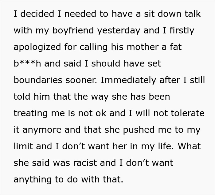 Text discussing a conversation about apologizing for calling a boyfriend's mom fat and addressing her behavior. Text discussing a conversation about apologizing for calling a boyfriend's mom fat and addressing her behavior.