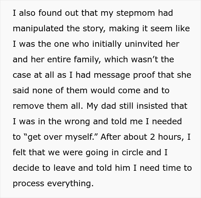 Text excerpt about family conflict involving stepmom's manipulated story and dad's reaction on wedding plans.