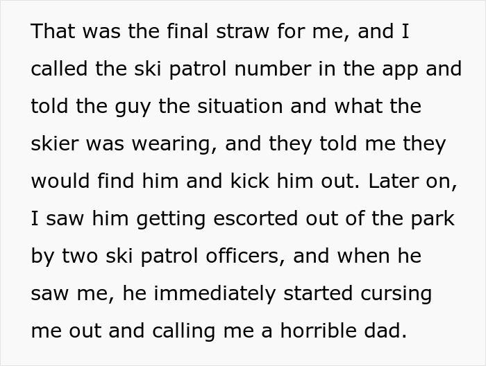 Text screenshot of a person reporting someone to ski patrol after an incident on a beginner trail.