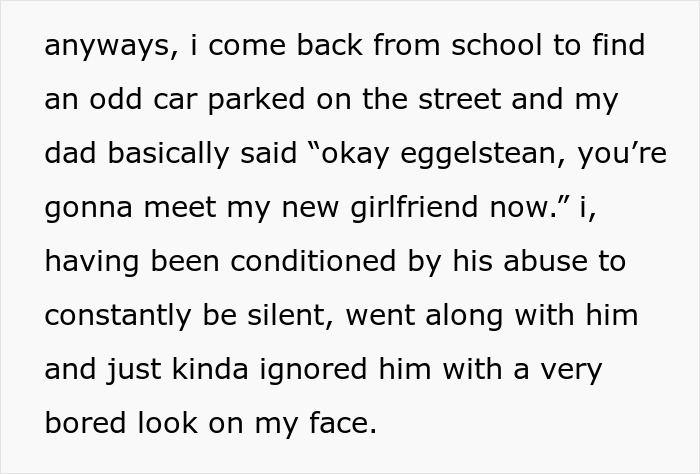 Text about a teen meeting dad's new girlfriend, mentioned as "new mom." Teen reacts silently, conditioned by past events. Text about a teen meeting dad's new girlfriend, mentioned as "new mom." Teen reacts silently, conditioned by past events.