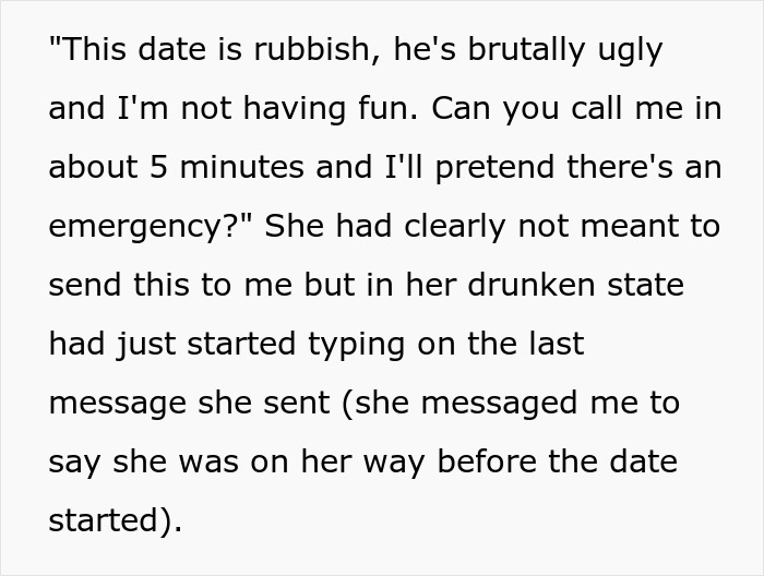 Text message revealing a woman's dissatisfaction with a date, leading to petty revenge.