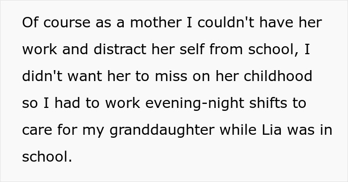 Text discussing a mother's efforts to care for her granddaughter while managing work shifts.