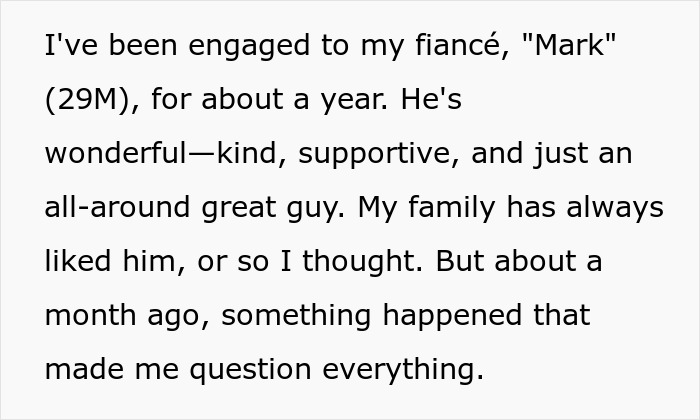 Text about a woman's engagement and doubts about her fianc&eacute;, questioning family perception.