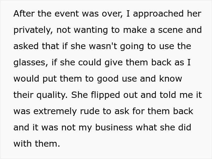 Text on a card about asking for fancy glasses back after an event; the recipient was upset by the request.