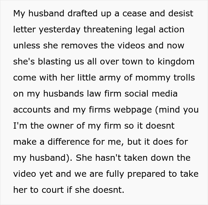 Text describing legal action threat over recording, involving a couple and online shaming by owner. Text describing legal action threat over recording, involving a couple and online shaming by owner.