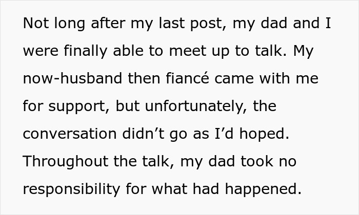 Text describing a daughter's conversation with her dad about skipping her wedding over her stepmom's requests.
