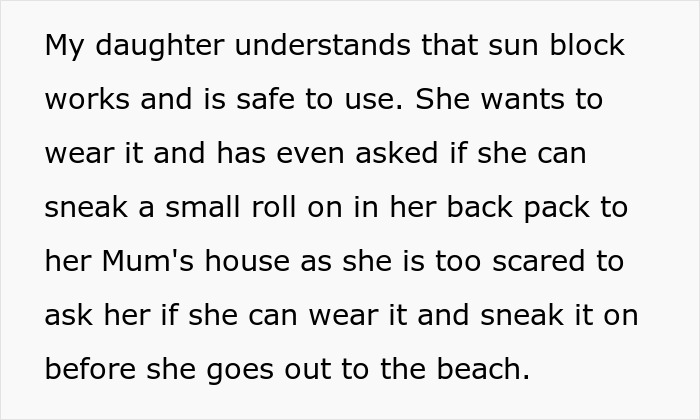 Text discussing sunscreen use and safety concerns for a daughter under the Australian sun.