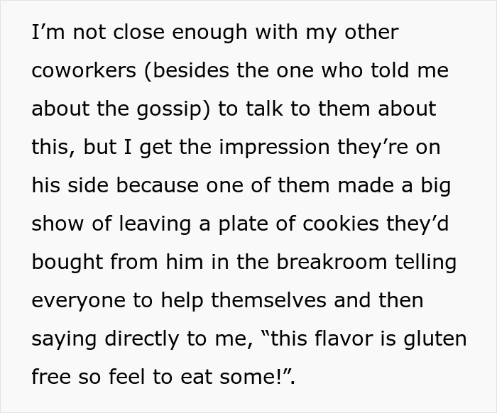 Text about coworkers leaving gluten-free cookies in breakroom, hinting at a manager's struggle with gluten. Text about coworkers leaving gluten-free cookies in breakroom, hinting at a manager's struggle with gluten.