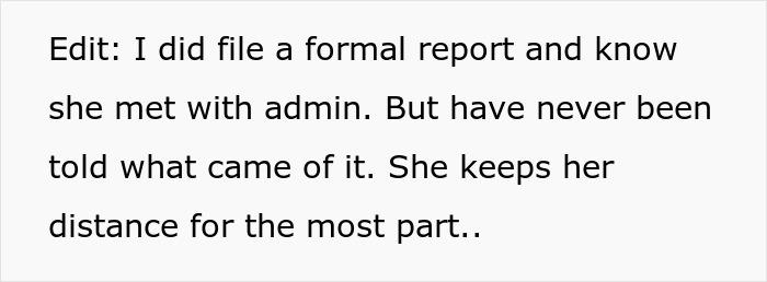 Text about filing a formal report after a coworker announced a pregnancy, mentioning admin involvement and distance kept. Text about filing a formal report after a coworker announced a pregnancy, mentioning admin involvement and distance kept.