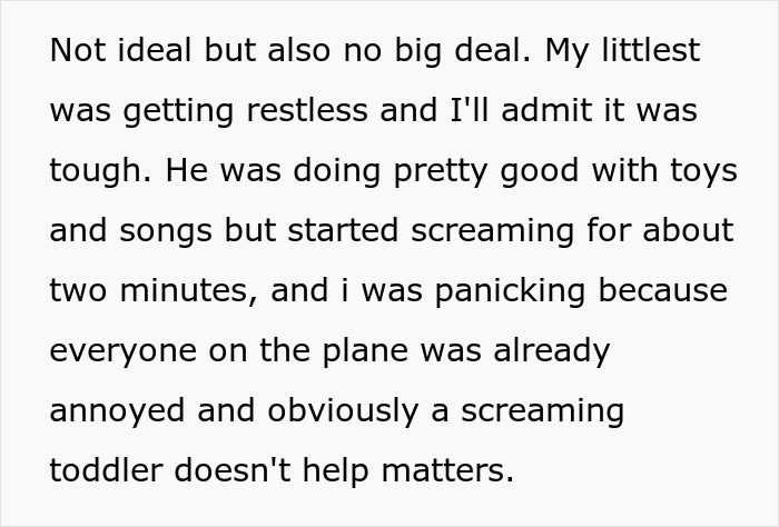 Text discussing a restless toddler on a plane, causing annoyance among passengers. Text discussing a restless toddler on a plane, causing annoyance among passengers.