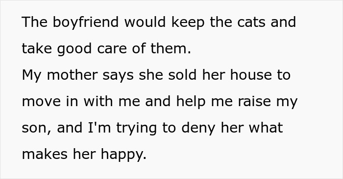 Text image discussing son's cat allergy conflicting with mom's happiness from having cats.