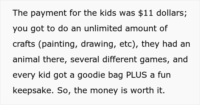 Text describing party activities, including crafts, games, and goodie bags for kids.