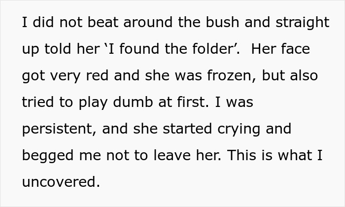 Text recounting husband confronting wife over a discovered folder related to his ex.