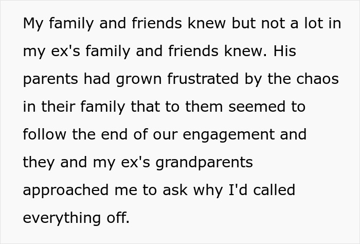 Text image describing reasons behind a woman's breakup and her revealing the truth to the ex's family.