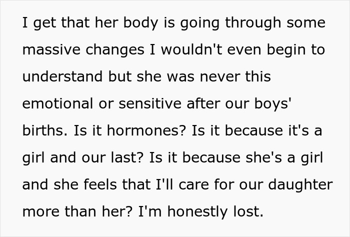 Text about husband's confusion over wife's emotions post-labor, feeling lost about her sensitivity changes.