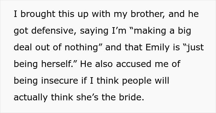 Text exchange about wedding attire disagreement involving brother's fianc&eacute;e wearing white.