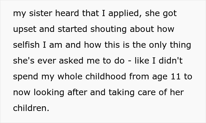 Text discussing a teen prioritizing her future over babysitting for her older sister's kids, leading to a family disagreement.