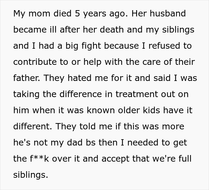 Text discussing siblings' argument over care responsibilities after their mom's husband fell ill. Text discussing siblings' argument over care responsibilities after their mom's husband fell ill.