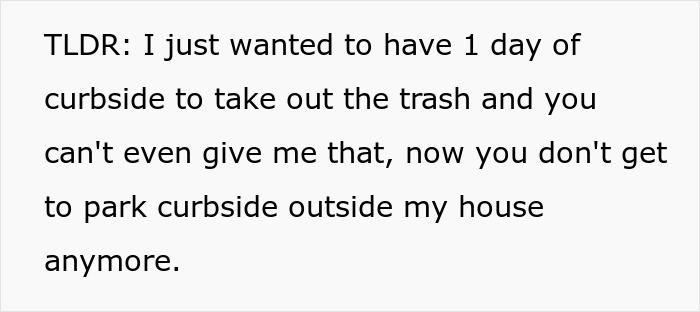 Text image illustrating a message about curbside parking revenge on neighbor.