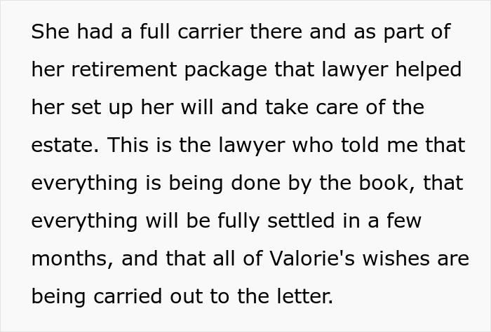 Text about inheritance, involving a lawyer's assistance with a will and estate management.