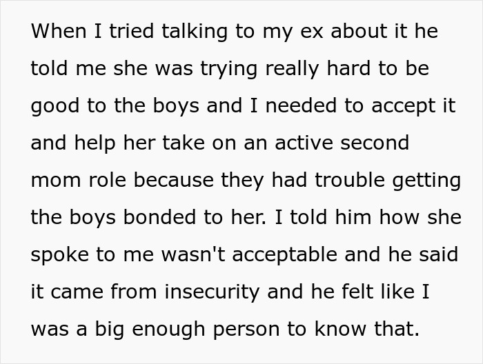 Text excerpt discussing a mom's refusal to sympathize with her kids' stepmom about bonding issues. Text excerpt discussing a mom's refusal to sympathize with her kids' stepmom about bonding issues.