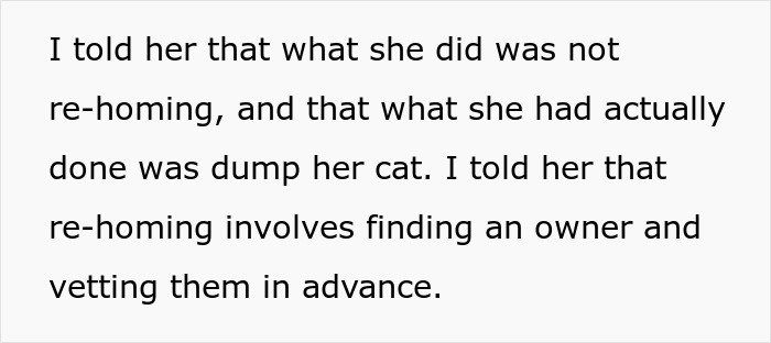 Text message criticizing the improper re-homing of a cat, emphasizing the need for finding and vetting a new owner.