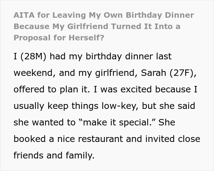 Text about a woman proposing to herself at her boyfriend's birthday dinner.